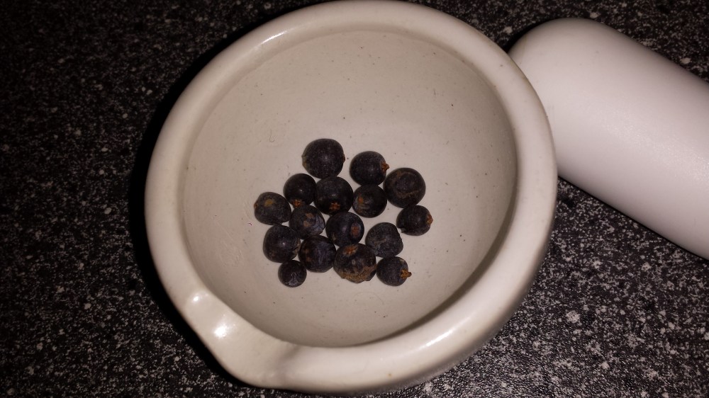 Siste rest av mine innhøstede einebær. Til neste viltmiddag må jeg nok kjøpe et glass på butikken.