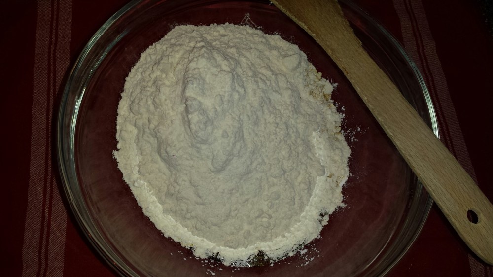 Bland inn hvetemel med sukker og sirup.